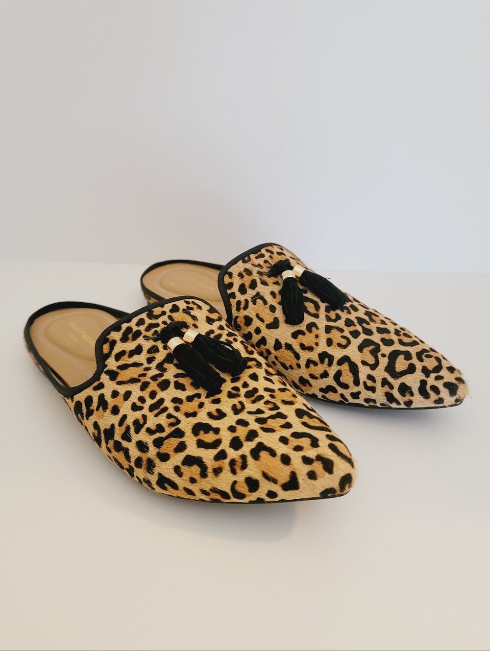 Hush Puppies Sadie Tassel Mule Slip On Flats All Slides Leopard Calf Hair 10